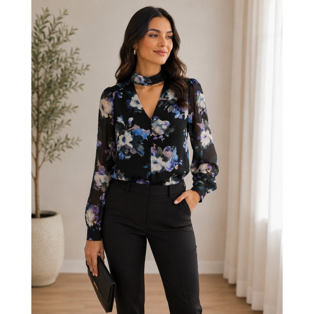 Belle Vere Women's Floral Black Choker Neck Workwear Career Blouse Top Size XS